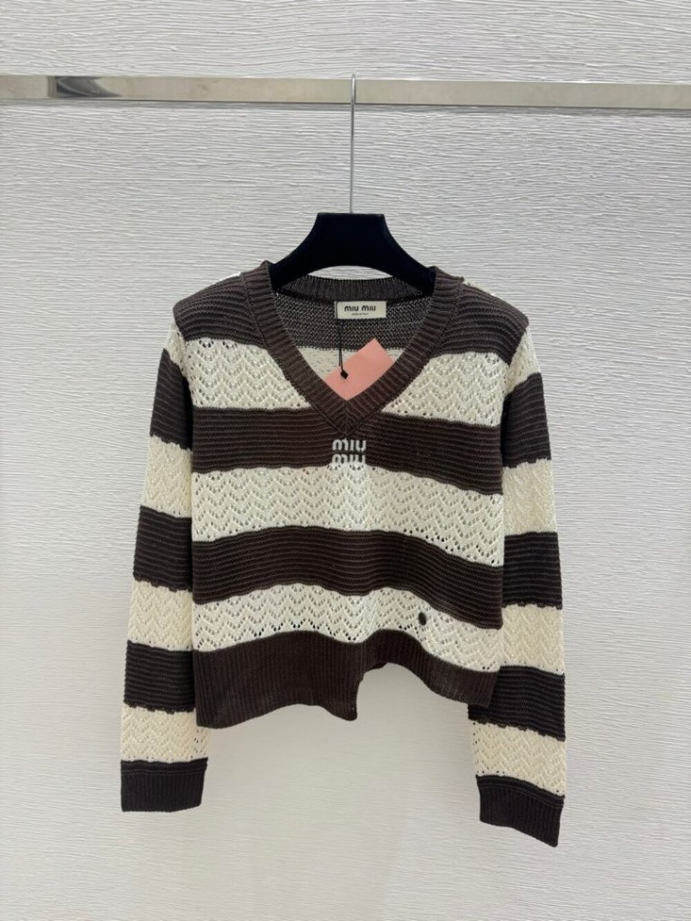 Miu Miu Brown Cream Striped Crochet Cropped Cardigan
